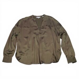 Vince Pleat Front Silk Satin Popover Blouse Cedar Olive Brown Long Sleeve L